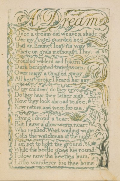 「イノセンスの歌」からの「夢」版14、1789（水彩で手描きのレリーフエッチング） 作： William Blake